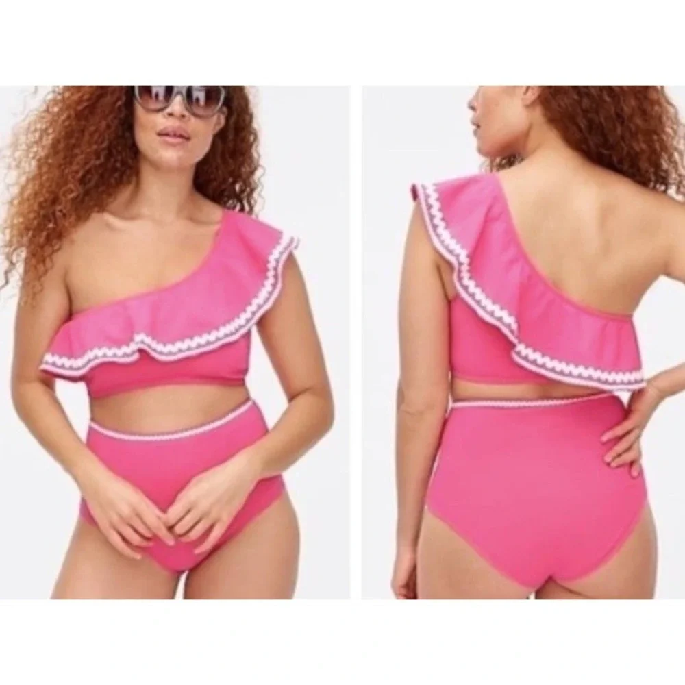 J. Crew High‎ Waist One Arm Top Ruffle Rickrack Bikini Set Blue Size S/M Preppy
